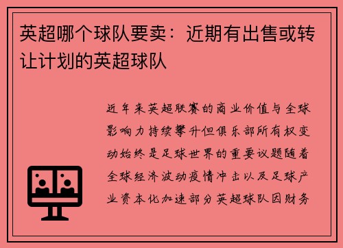 英超哪个球队要卖：近期有出售或转让计划的英超球队