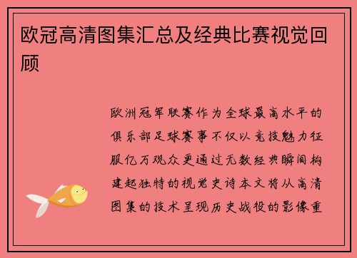 欧冠高清图集汇总及经典比赛视觉回顾