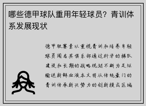 哪些德甲球队重用年轻球员？青训体系发展现状