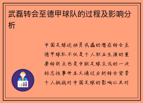 武磊转会至德甲球队的过程及影响分析